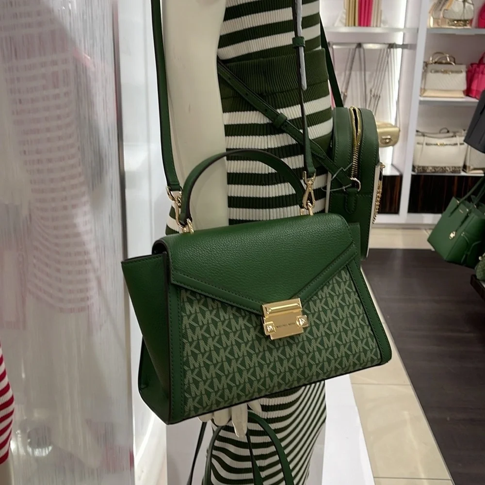 MICHAEL KORS Whitney Medium Flap TH Satchel Fern Green NWT
